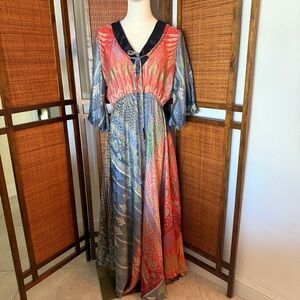 MT Collection 100% silk Vibrant Multicolor kaftan Maxi Dress OSFM